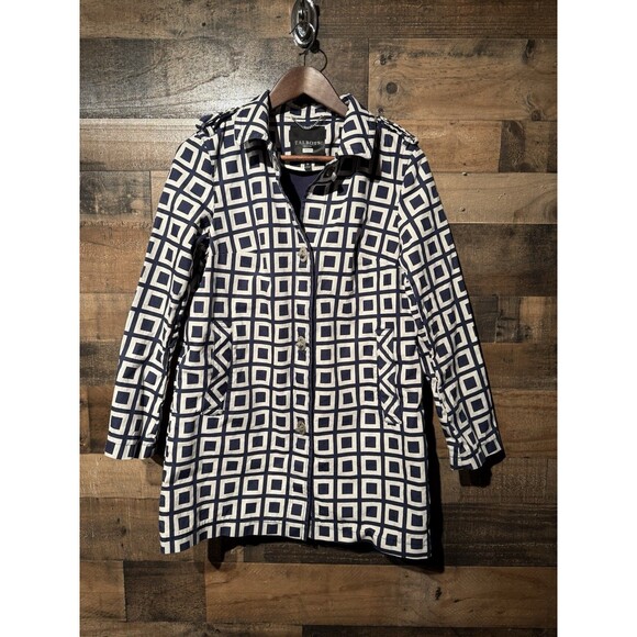 TALBOTS PET NAVY BLUE WHITE GEOMETRICAL SQUARE ART RAIN JACKET COAT TOP 8P $139 - Picture 3 of 9